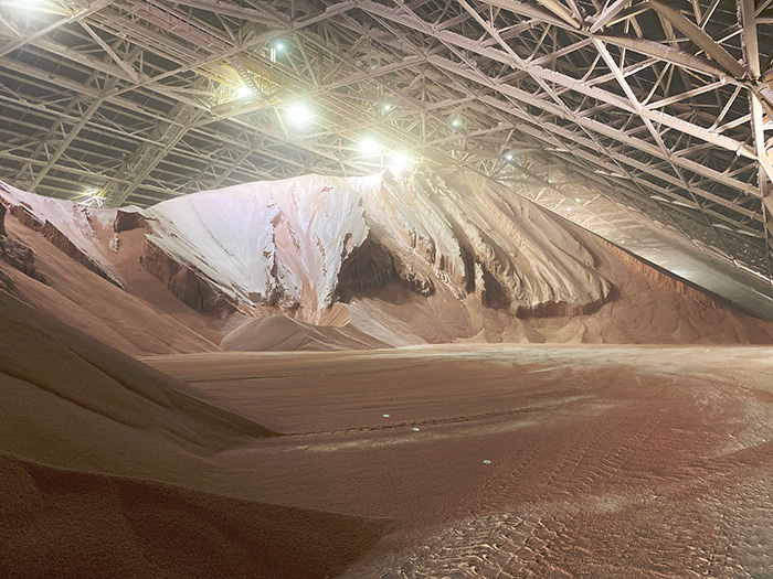 Inside one of the warehouses at the Nutrien Rocanville Potash mine, where the finished potash product is stored. The mine produces about 20,000 product tonnes a day, it is also the largest mine among Nutriens six potash mines.